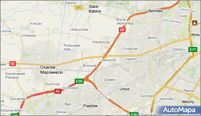 mapa Jawczyce gmina Ożarów Mazowiecki, Jawczyce gmina Ożarów Mazowiecki na mapie Targeo