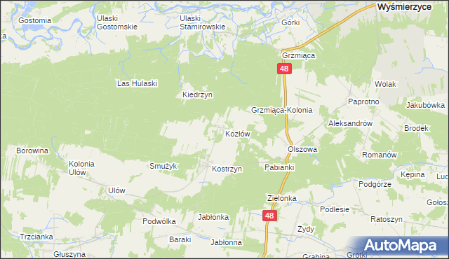 mapa Kozłów gmina Wyśmierzyce, Kozłów gmina Wyśmierzyce na mapie Targeo