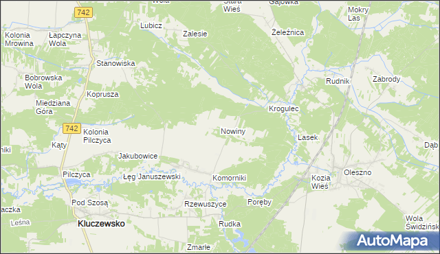 mapa Nowiny gmina Kluczewsko, Nowiny gmina Kluczewsko na mapie Targeo