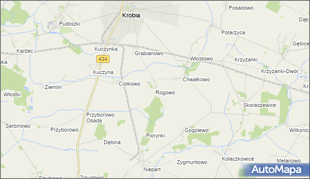 mapa Rogowo gmina Krobia, Rogowo gmina Krobia na mapie Targeo
