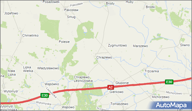 mapa Chraplewo gmina Kuślin, Chraplewo gmina Kuślin na mapie Targeo