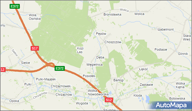 mapa Dęba gmina Kurów, Dęba gmina Kurów na mapie Targeo