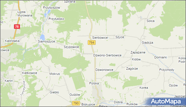 mapa Dzwono-Sierbowice, Dzwono-Sierbowice na mapie Targeo