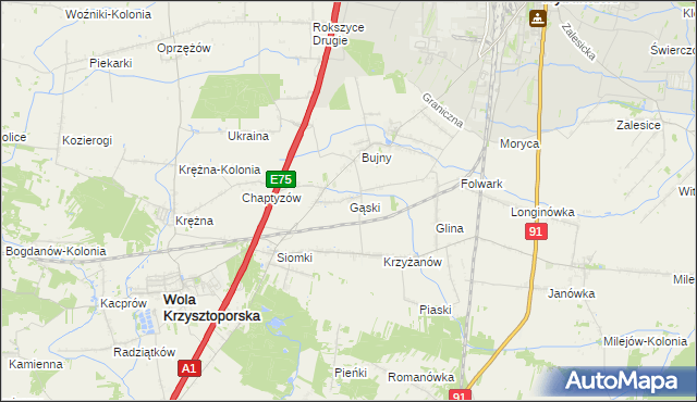 mapa Gąski gmina Wola Krzysztoporska, Gąski gmina Wola Krzysztoporska na mapie Targeo