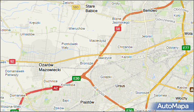 mapa Jawczyce gmina Ożarów Mazowiecki, Jawczyce gmina Ożarów Mazowiecki na mapie Targeo