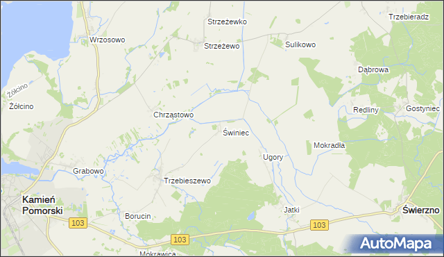 mapa Świniec gmina Kamień Pomorski, Świniec gmina Kamień Pomorski na mapie Targeo