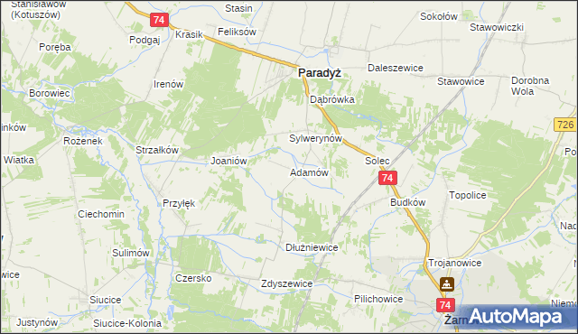 mapa Adamów gmina Paradyż, Adamów gmina Paradyż na mapie Targeo