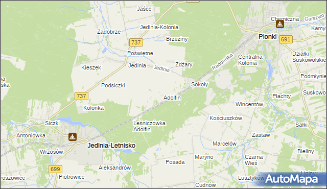mapa Adolfin gmina Pionki, Adolfin gmina Pionki na mapie Targeo
