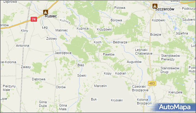 mapa Andrzejów gmina Rusiec, Andrzejów gmina Rusiec na mapie Targeo