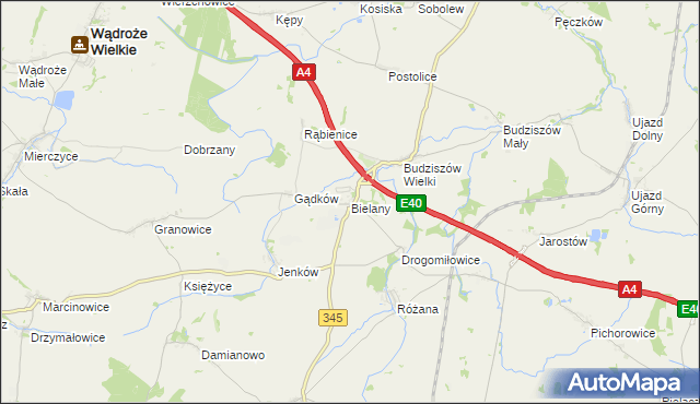 mapa Bielany gmina Wądroże Wielkie, Bielany gmina Wądroże Wielkie na mapie Targeo