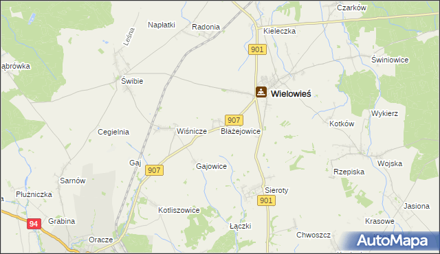 mapa Błażejowice gmina Wielowieś, Błażejowice gmina Wielowieś na mapie Targeo