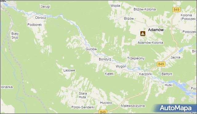 mapa Bondyrz gmina Adamów, Bondyrz gmina Adamów na mapie Targeo