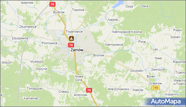 mapa Bronów gmina Żarnów, Bronów gmina Żarnów na mapie Targeo