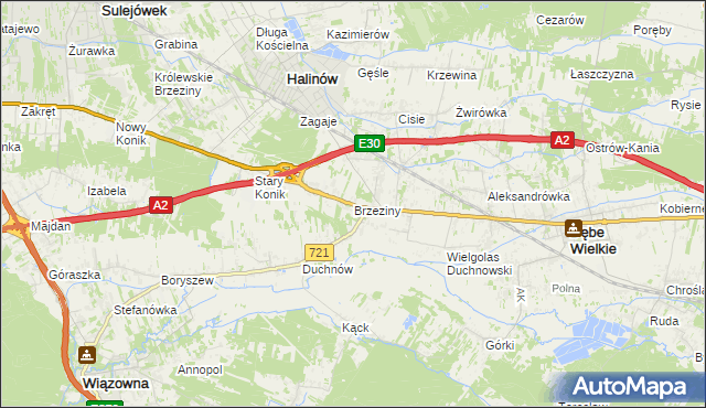 mapa Brzeziny gmina Halinów, Brzeziny gmina Halinów na mapie Targeo