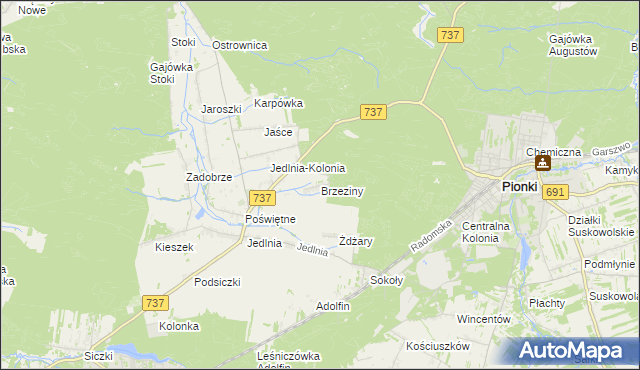 mapa Brzeziny gmina Pionki, Brzeziny gmina Pionki na mapie Targeo