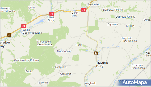 mapa Budki gmina Trzydnik Duży, Budki gmina Trzydnik Duży na mapie Targeo