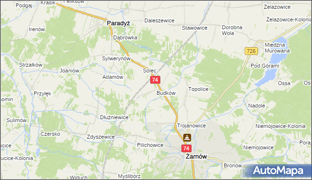 mapa Budków gmina Żarnów, Budków gmina Żarnów na mapie Targeo