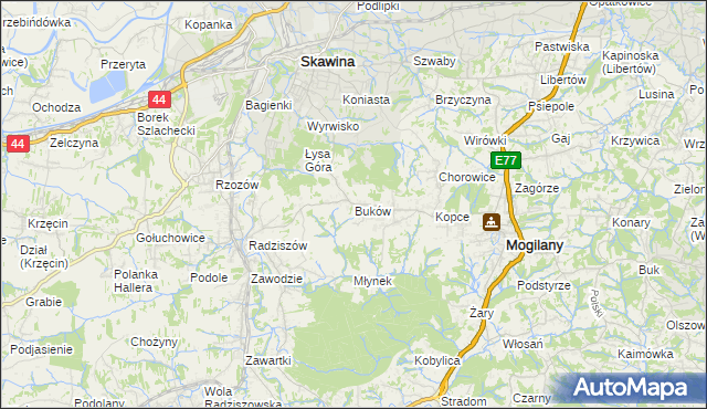 mapa Buków gmina Mogilany, Buków gmina Mogilany na mapie Targeo