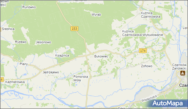 mapa Bukowiec gmina Czarnków, Bukowiec gmina Czarnków na mapie Targeo