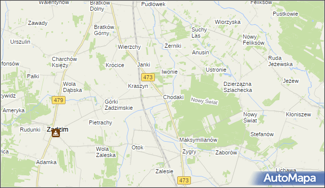 mapa Chodaki gmina Zadzim, Chodaki gmina Zadzim na mapie Targeo