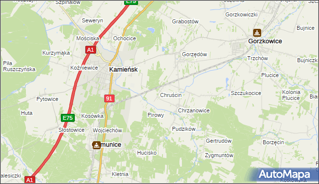 mapa Chruścin gmina Gomunice, Chruścin gmina Gomunice na mapie Targeo