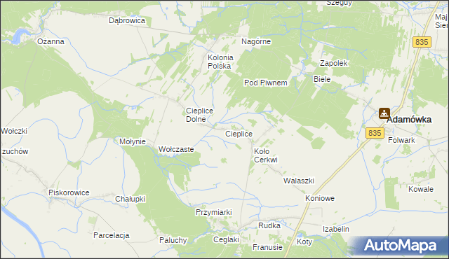 mapa Cieplice gmina Adamówka, Cieplice gmina Adamówka na mapie Targeo