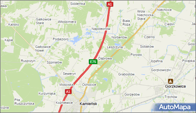 mapa Dąbrowa gmina Kamieńsk, Dąbrowa gmina Kamieńsk na mapie Targeo