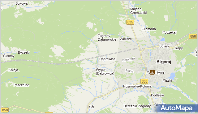 mapa Dąbrowica gmina Biłgoraj, Dąbrowica gmina Biłgoraj na mapie Targeo