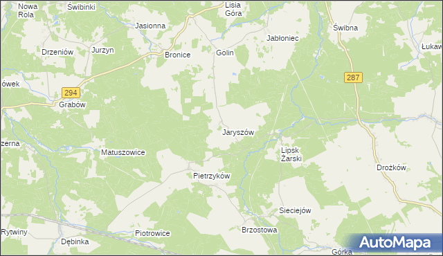 mapa Jaryszów gmina Jasień, Jaryszów gmina Jasień na mapie Targeo