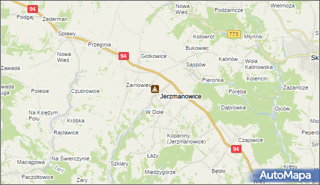 mapa Jerzmanowice gmina Jerzmanowice-Przeginia, Jerzmanowice gmina Jerzmanowice-Przeginia na mapie Targeo