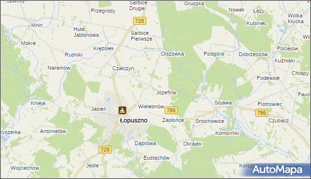 mapa Józefina gmina Łopuszno, Józefina gmina Łopuszno na mapie Targeo