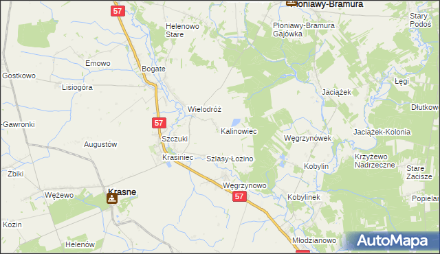 mapa Kalinowiec gmina Płoniawy-Bramura, Kalinowiec gmina Płoniawy-Bramura na mapie Targeo