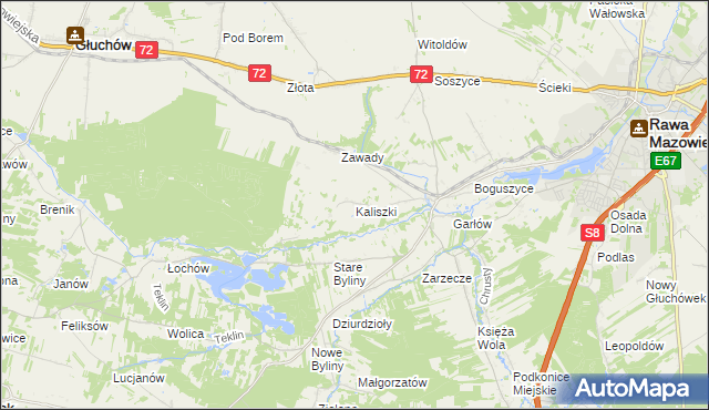 mapa Kaliszki gmina Rawa Mazowiecka, Kaliszki gmina Rawa Mazowiecka na mapie Targeo