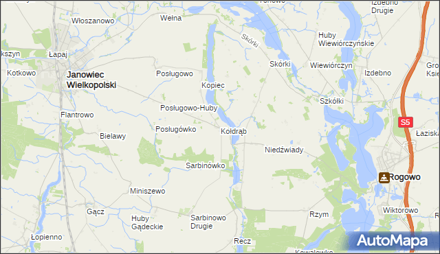mapa Kołdrąb gmina Janowiec Wielkopolski, Kołdrąb gmina Janowiec Wielkopolski na mapie Targeo