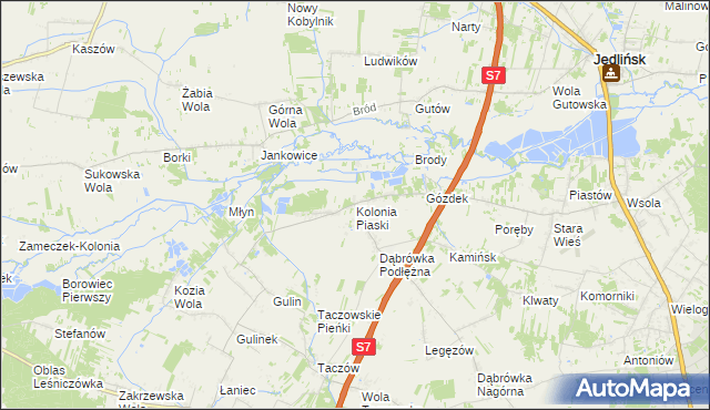 mapa Kolonia Piaski gmina Zakrzew, Kolonia Piaski gmina Zakrzew na mapie Targeo