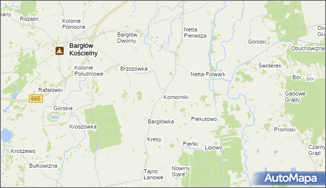 mapa Komorniki gmina Bargłów Kościelny, Komorniki gmina Bargłów Kościelny na mapie Targeo