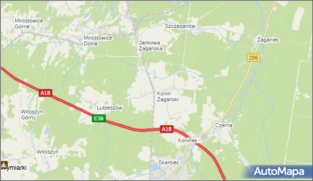 mapa Konin Żagański, Konin Żagański na mapie Targeo