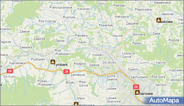 mapa Koszary gmina Limanowa, Koszary gmina Limanowa na mapie Targeo