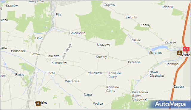 mapa Krężoły gmina Wodzisław, Krężoły gmina Wodzisław na mapie Targeo