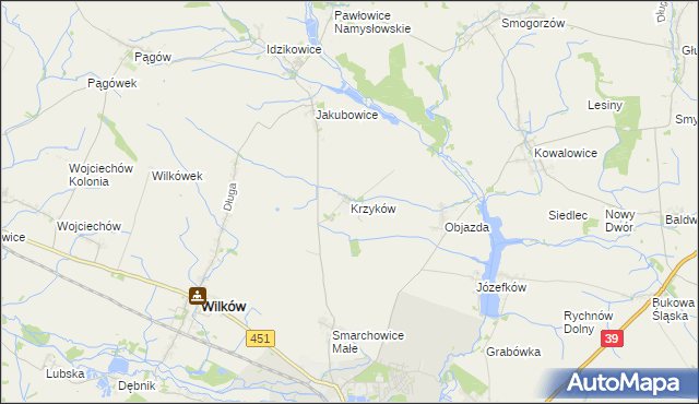 mapa Krzyków gmina Wilków, Krzyków gmina Wilków na mapie Targeo