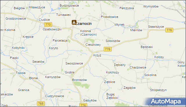 mapa Krzyż gmina Czarnocin, Krzyż gmina Czarnocin na mapie Targeo