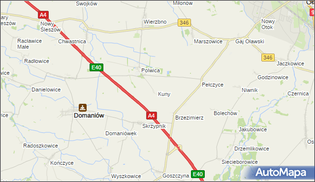 mapa Kuny gmina Domaniów, Kuny gmina Domaniów na mapie Targeo