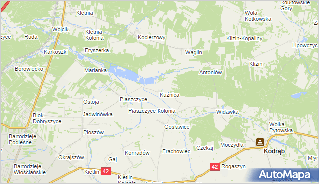 mapa Kuźnica gmina Kodrąb, Kuźnica gmina Kodrąb na mapie Targeo