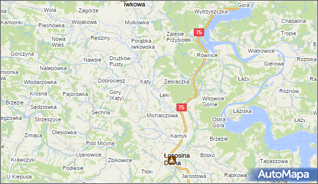 mapa Łęki gmina Łososina Dolna, Łęki gmina Łososina Dolna na mapie Targeo