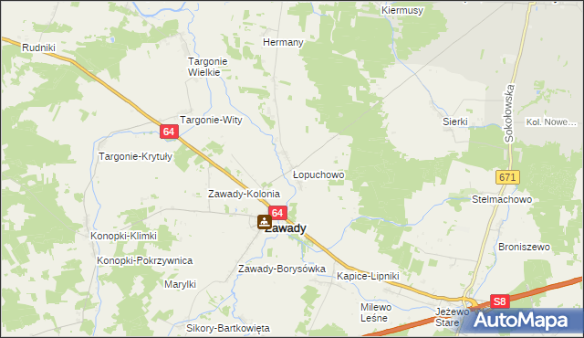 mapa Łopuchowo gmina Tykocin, Łopuchowo gmina Tykocin na mapie Targeo