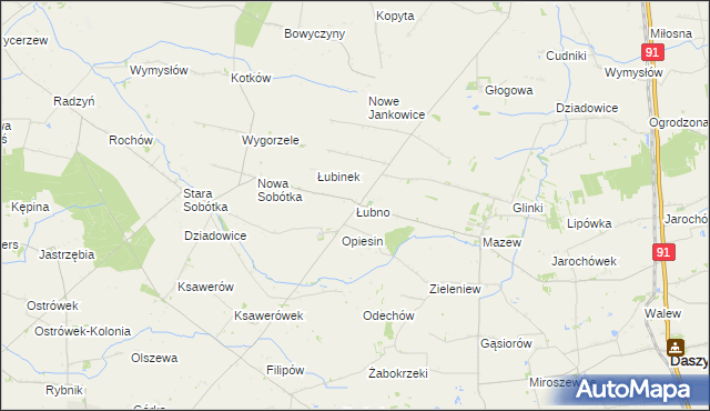 mapa Łubno gmina Daszyna, Łubno gmina Daszyna na mapie Targeo