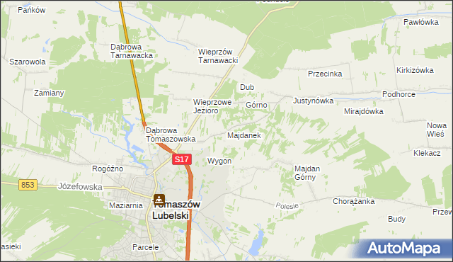 mapa Majdanek gmina Tomaszów Lubelski, Majdanek gmina Tomaszów Lubelski na mapie Targeo