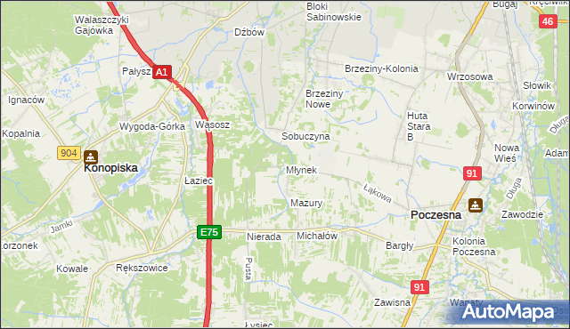 mapa Młynek gmina Poczesna, Młynek gmina Poczesna na mapie Targeo