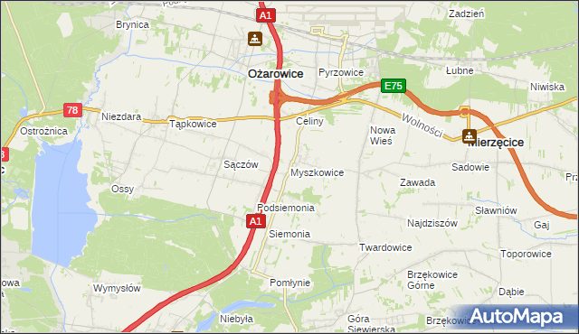 mapa Myszkowice gmina Bobrowniki, Myszkowice gmina Bobrowniki na mapie Targeo