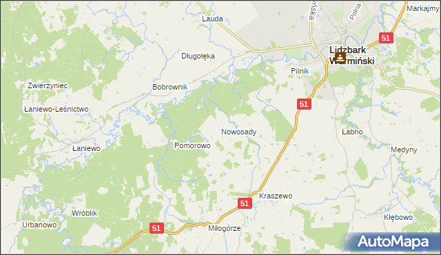 mapa Nowosady gmina Lidzbark Warmiński, Nowosady gmina Lidzbark Warmiński na mapie Targeo